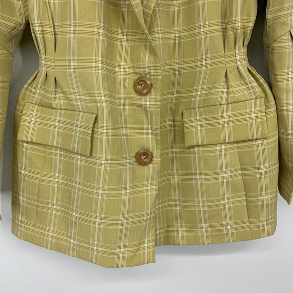 Onarin Blazer Yellow Print Plaid Cinched Button Down Lined Jacket - Picture 4 of 9